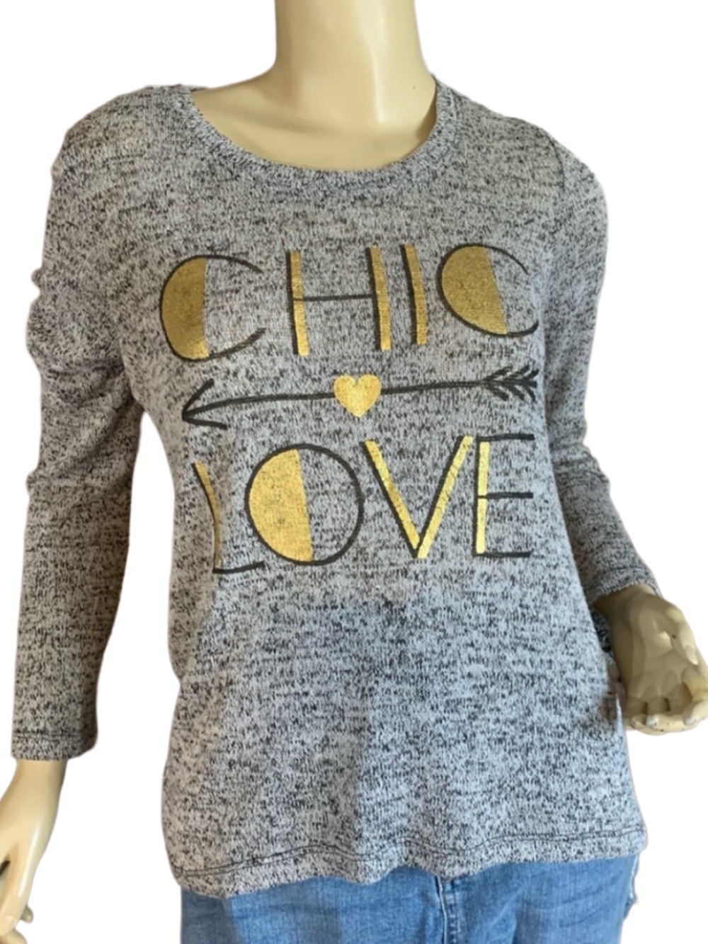 MODERN LUX GRAY, BLACK & GOLD EMBELLISHED KNIT LONG SLEEVE TEE W/STRIPES (M)